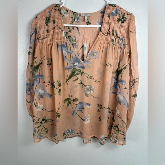 Joie Tops - Joie Peach Floral Smocked Cottagecore Blouse size small v-neck 100% Silk Boho